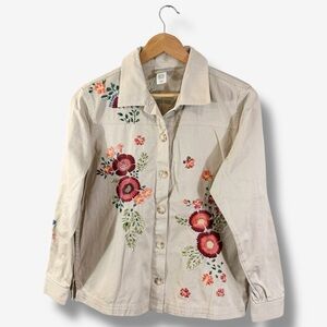 Coldwater Creek Embroidered Jacket Size M Tan Khaki Floral Button Front Boho